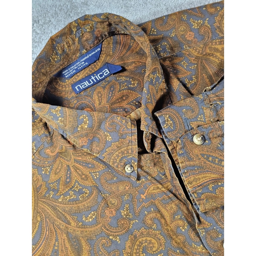 Nautica Paisley Button Up Shirt Men's L Blue Brown Vintage Y2K Long Sleeve